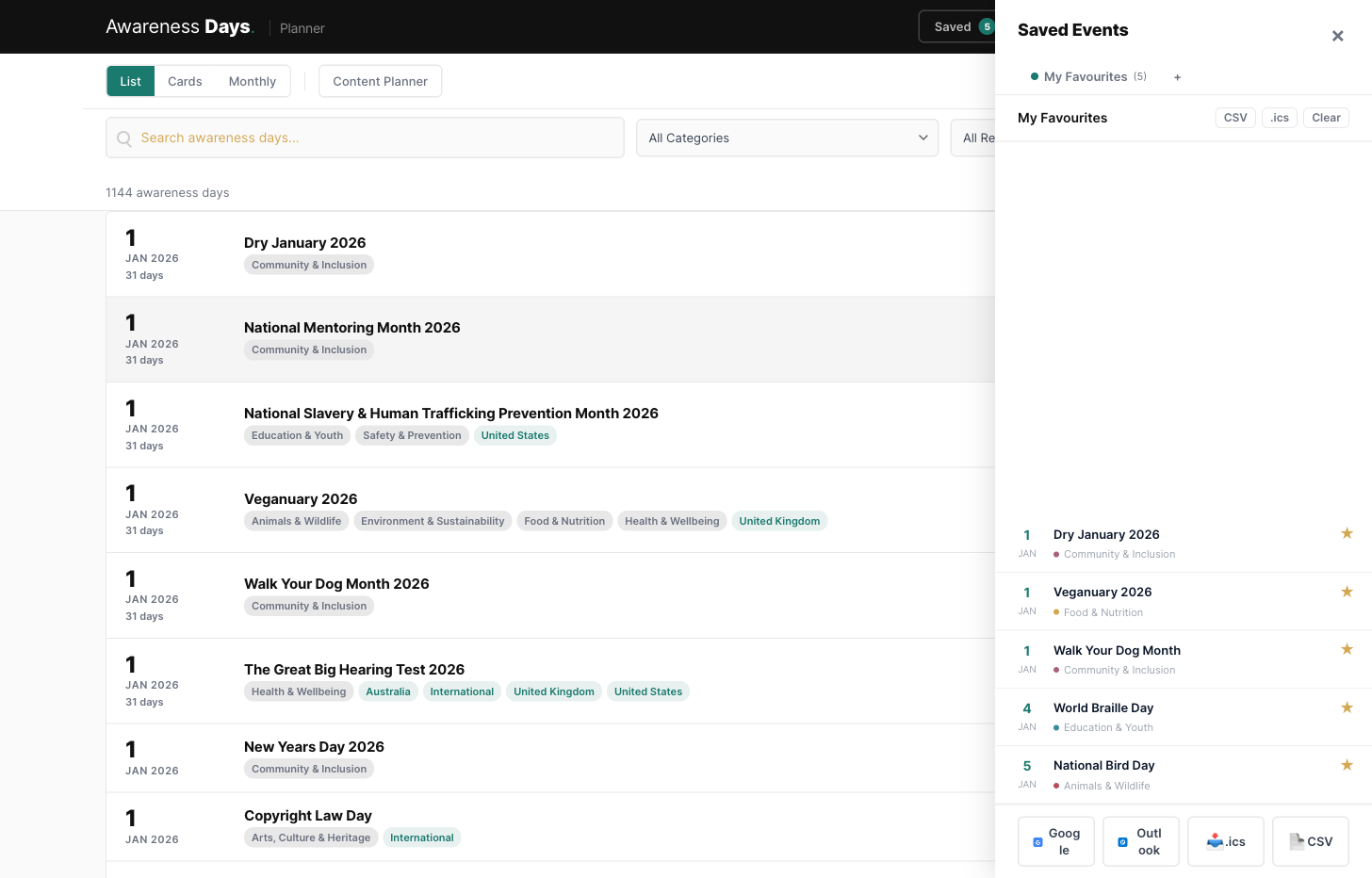 Awareness Planner list view with saved events panel showing 5 saved awareness days