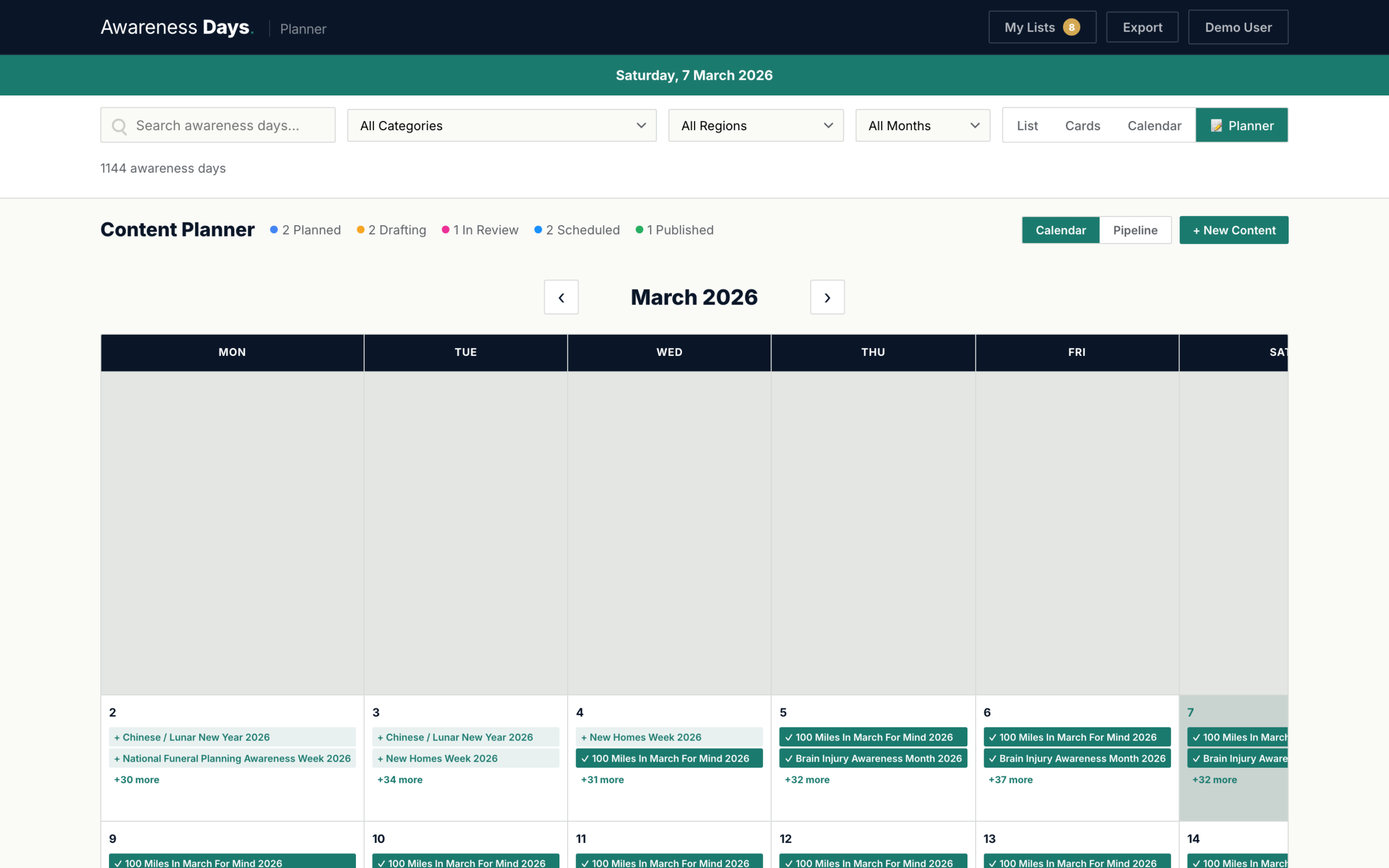 Content planner calendar view with scheduled content items